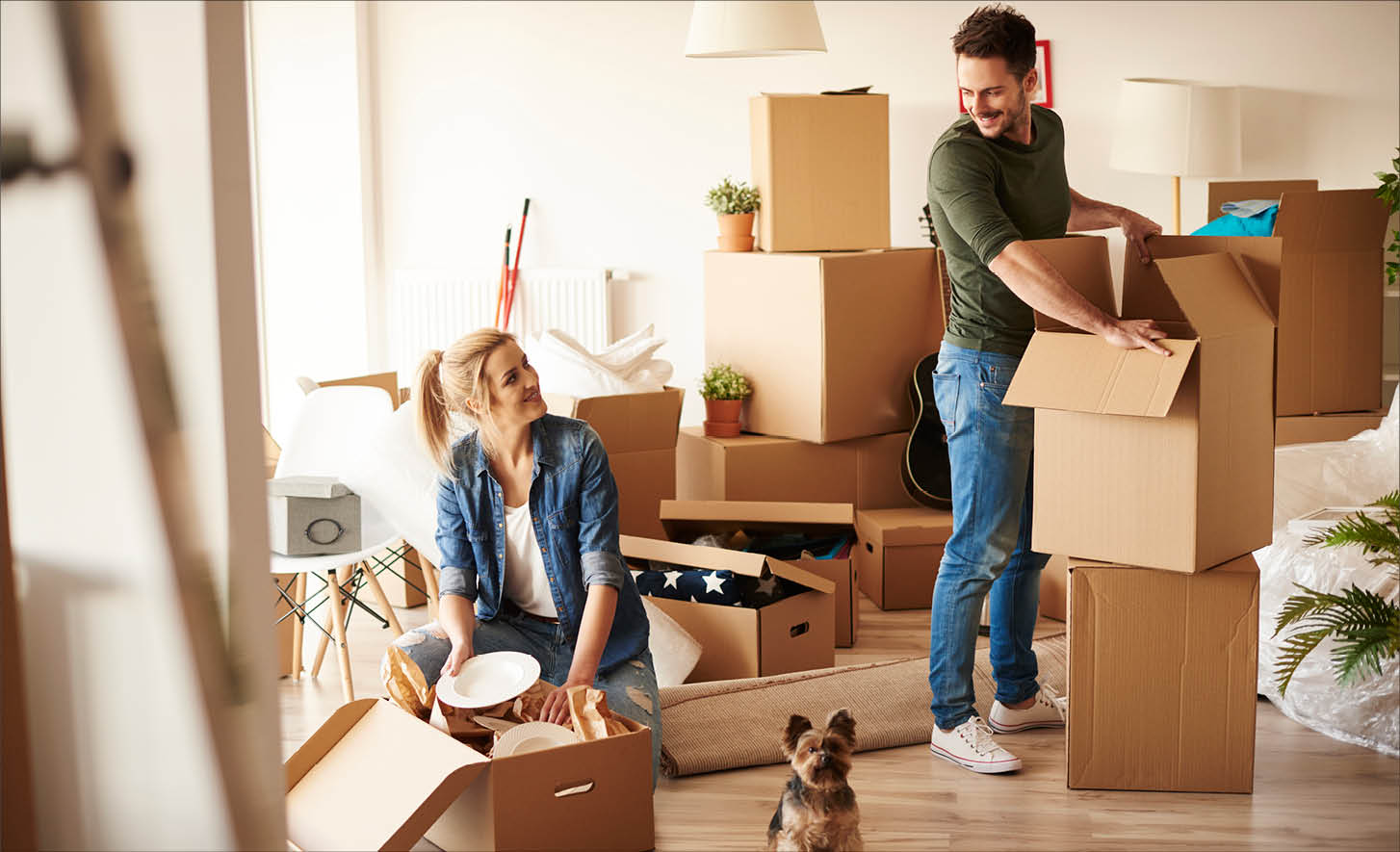 Young couple in new apartment with small dog 