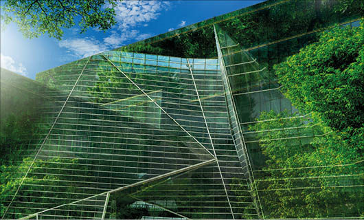Sustainble green building. Eco-friendly building. Sustainable glass office building with tree for reducing carbon dioxide. Office with green environment. Corporate building reduce CO2. Safety glass.