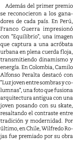 Adem s del primer premio se reconocieron a los ganadores de cada pa s. En Per , Franco Guerra impresion con \“Equili...