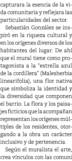 capturara la esencia de la vida comunitaria y reflejara las particularidades del sector. Sebasti n Gonz lez se inspir...